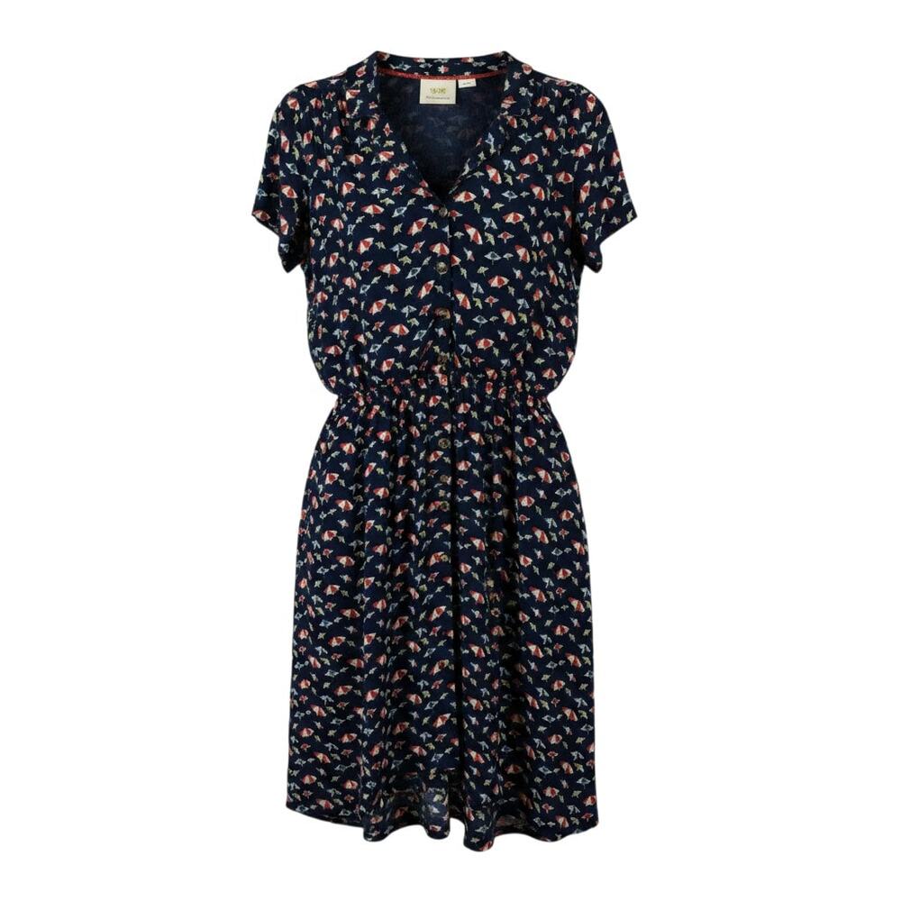 Maeve Anthropologie + Navy umbrella print dress with v-neck, button front, tie w